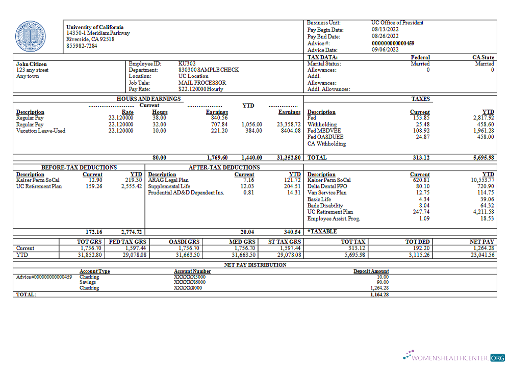 Download USA University of California educational company pay stub Photoshop template